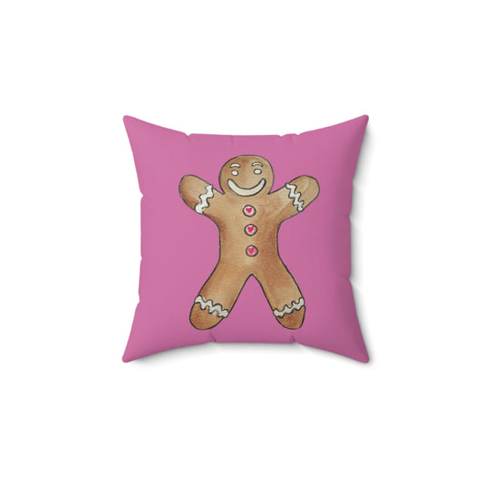 Gingerbread Man Square Pillow - Festive Holiday Decor - Pink