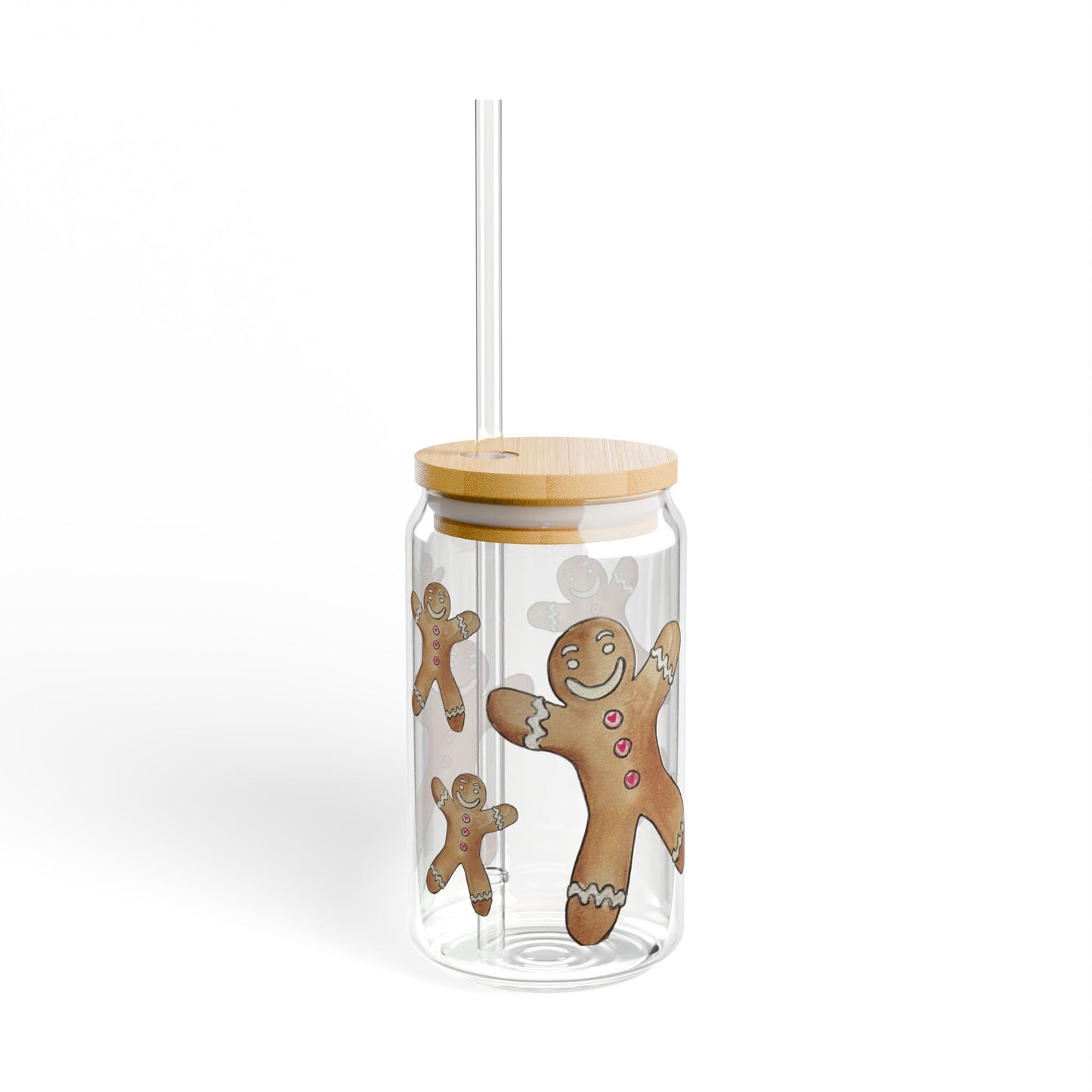 Gingerbread Man Sipper Glass - 16oz Mason Style with Straw