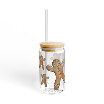 Gingerbread Man Sipper Glass - 16oz Mason Style with Straw