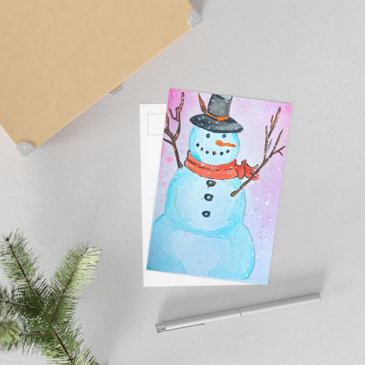 Whimsical Snowman Fine Art Postcards – Perfect for Holiday Wishes