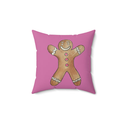 Gingerbread Man Square Pillow - Festive Holiday Decor - Pink