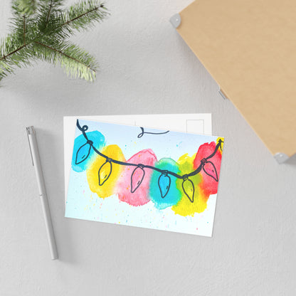 Colorful Holiday Lights Fine Art Postcards - Whimsical Watercolor Designs for Celebrations