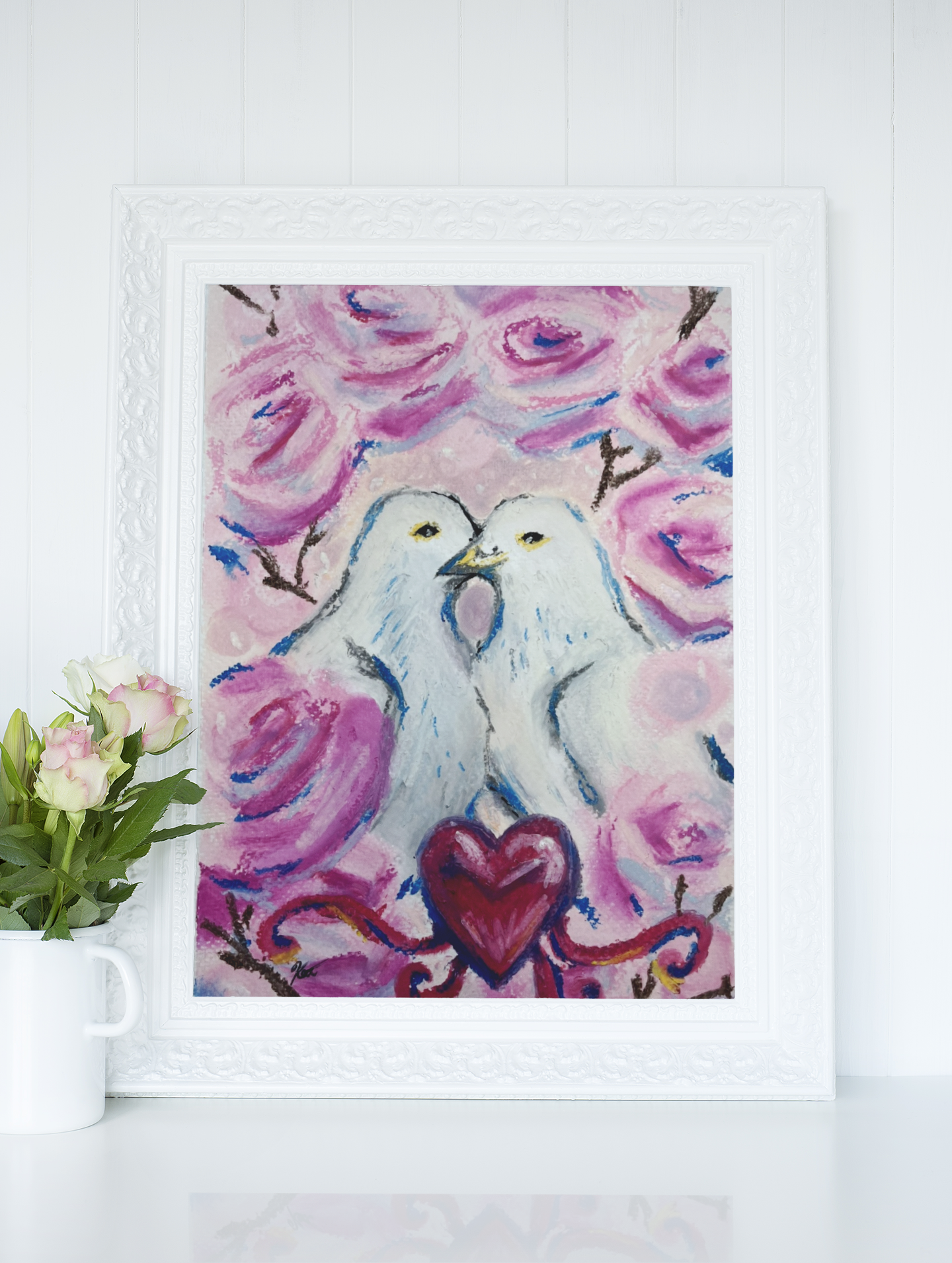 Colombes et pivoines