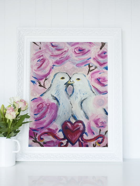 Colombes et pivoines